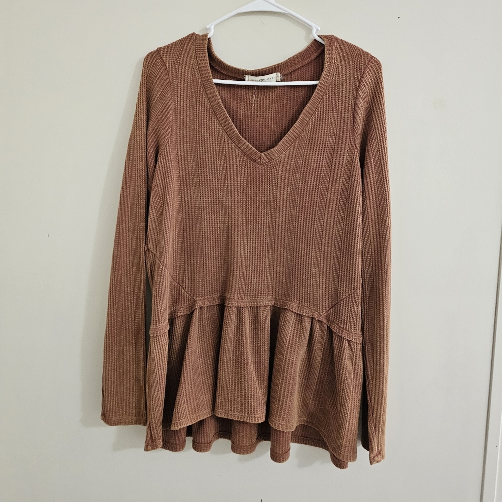 Women's Brown V-Neck Peplum Top